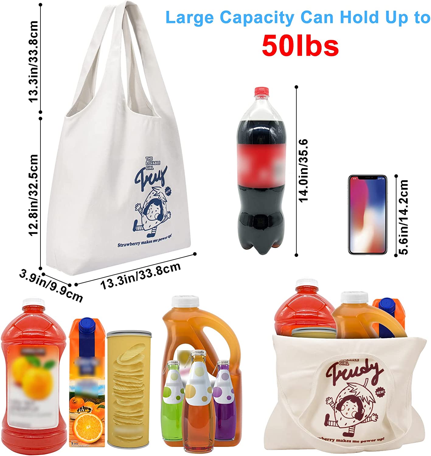 CGBE Canvas Tote Bag, Reusable Grocery Bags With Inner Pocket, Large Capacity Shopping Tote Bag For Women Machine Washable - Image 4
